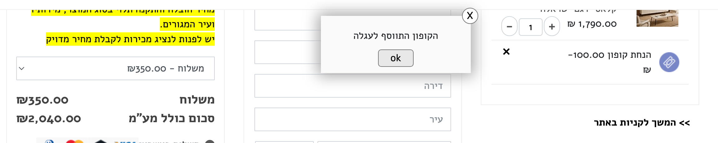 עגלת הקניות באתר האוס דיזיין עם קוד הקופון SALE100 שהופעל, שורת הנחת קופון של 100 שקלים וסכום כולל של 2,040 שקלים